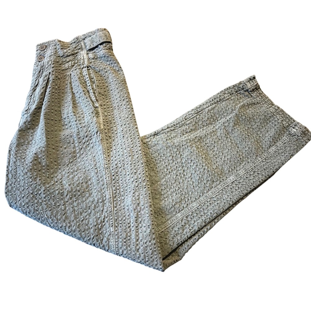 Free People Linen Blend Textured Wide Leg Pants Olive Green Pleated Waist Size 0
